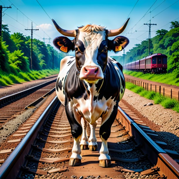 Foto de una vaca en un zapato en las vías del tren