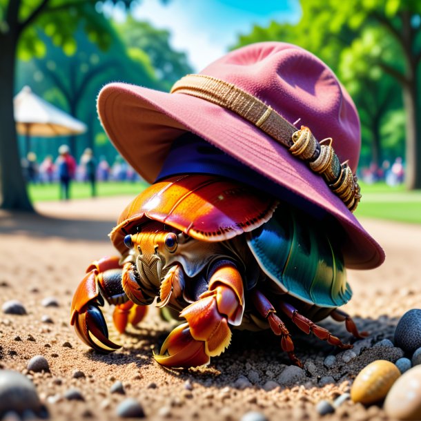 Picture of a hermit crab in a hat in the park