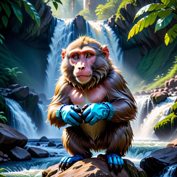 Pic of a baboon in a gloves in the waterfall