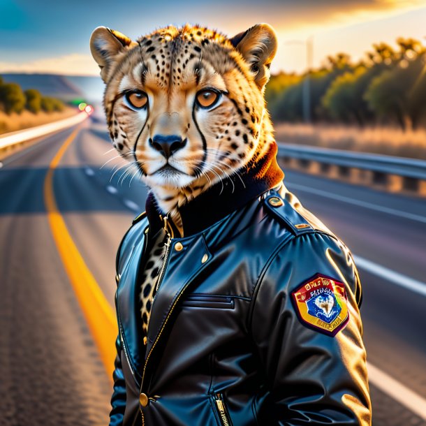 Pic of a cheetah in a jacket on the highway