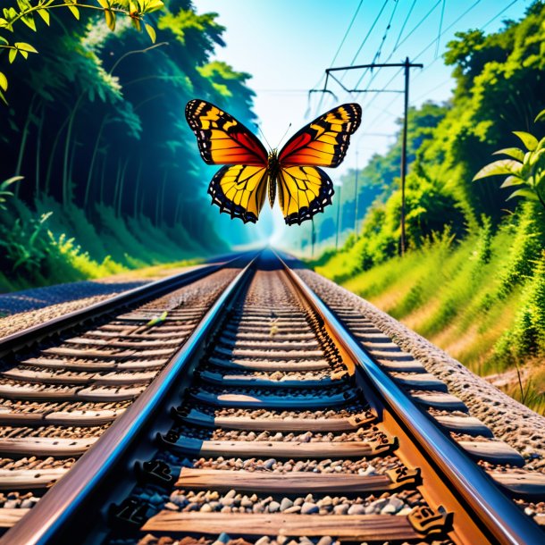 Imagen de un salto de una mariposa en las vías del ferrocarril