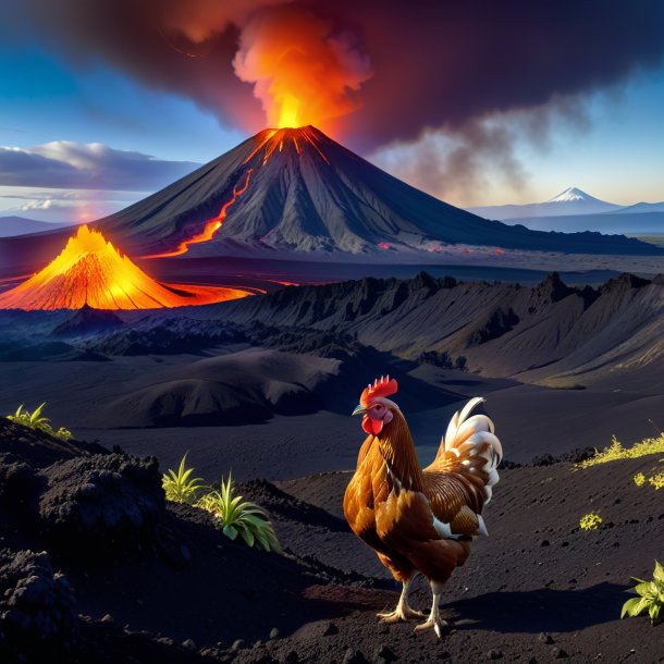 Image of a waiting of a hen in the volcano