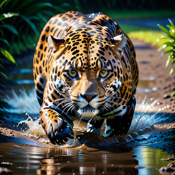 Image of a swimming of a jaguar in the puddle