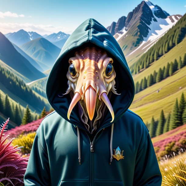 Image of a cuttlefish in a hoodie in the mountains