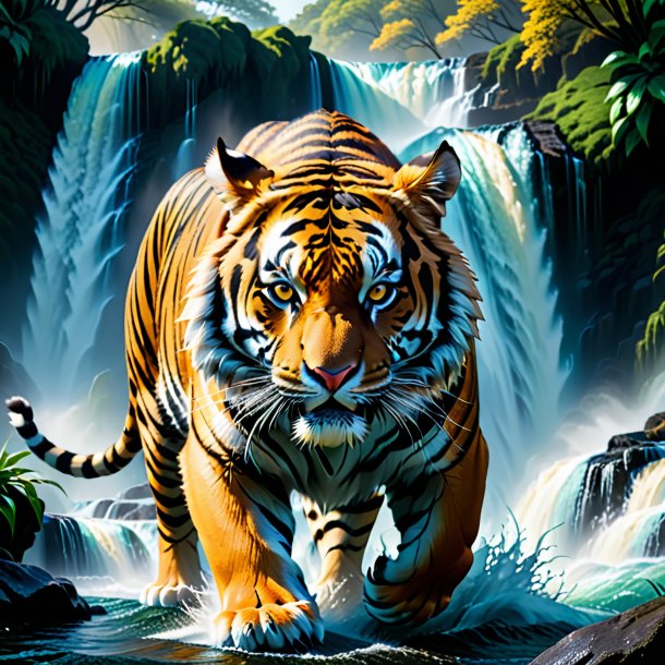 Image of a threatening of a tiger in the waterfall