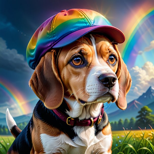 Illustration of a beagle in a cap on the rainbow