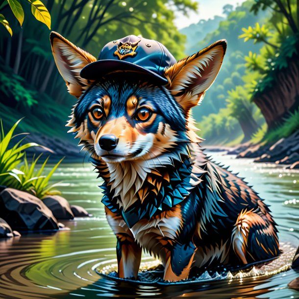 Illustration of a jackal in a cap in the river