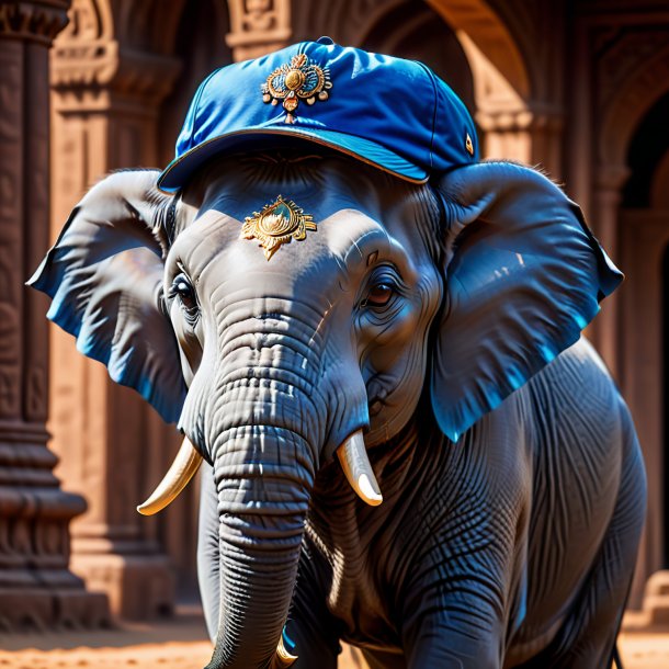 Foto de un elefante en una gorra azul