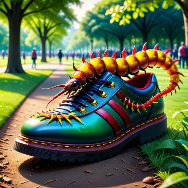 Illustration of a centipede in a shoes in the park