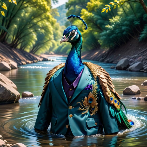 Foto de un pavo real en una chaqueta en el río