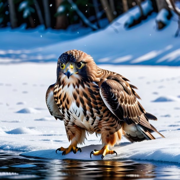 Foto de una natación de un halcón en la nieve