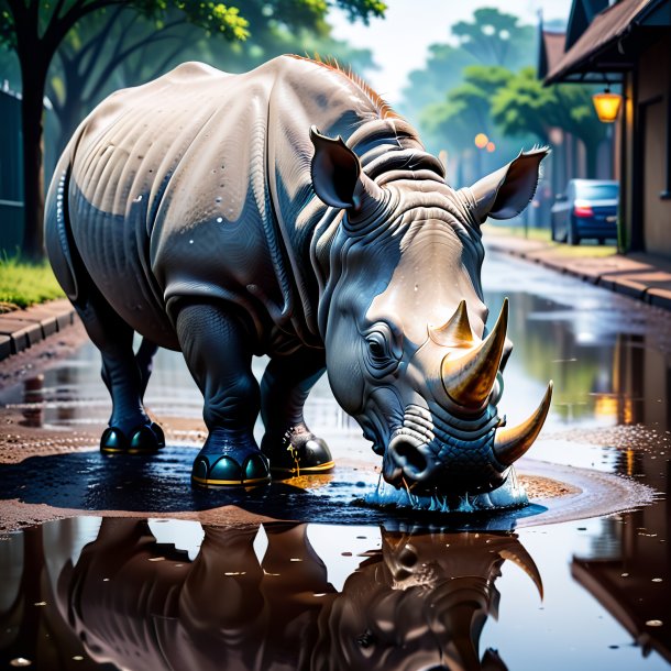 Image of a rhinoceros in a shoes in the puddle