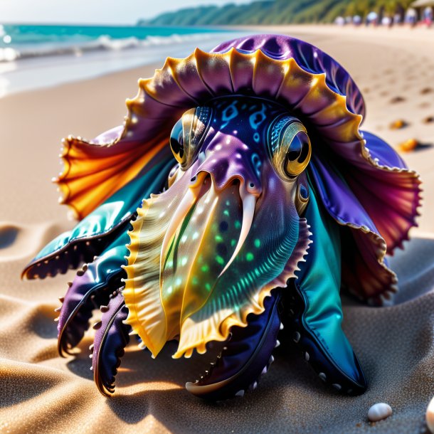 Pic d'une seiche dans un gants sur la plage