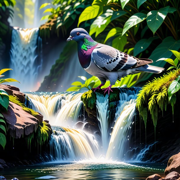 Photo of a drinking of a pigeon in the waterfall