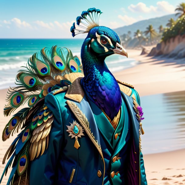 Illustration of a peacock in a jacket on the beach