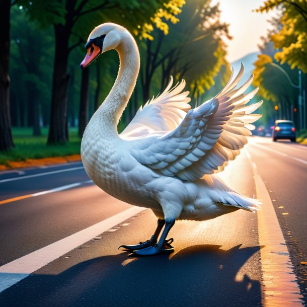 Pic of a swan in a shoes on the road