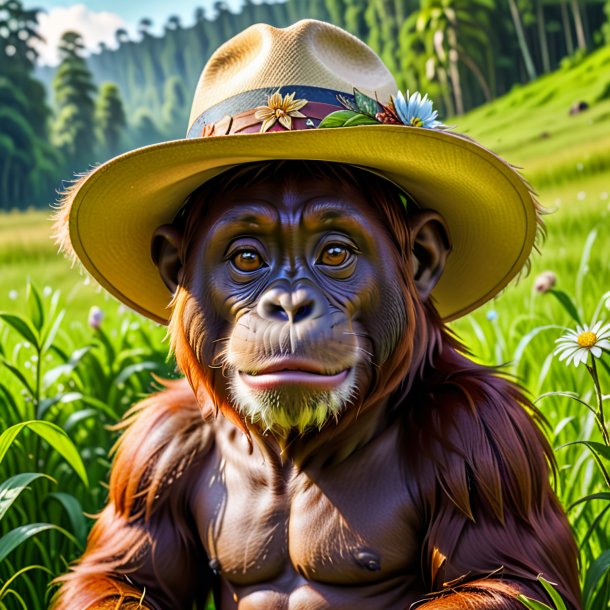 Pic of a orangutan in a hat in the meadow