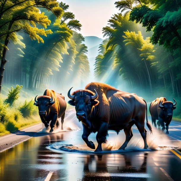 Photo of a swimming of a buffalo on the road