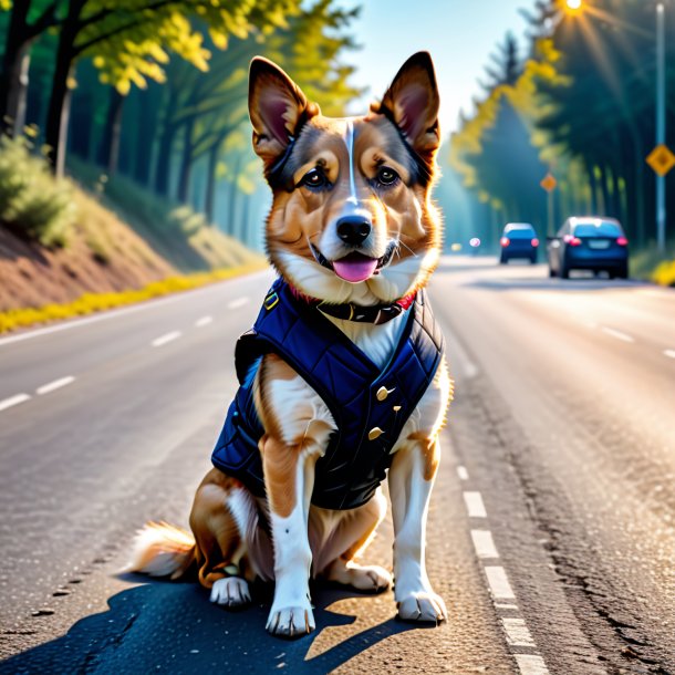 Foto de um cão em um colete na estrada