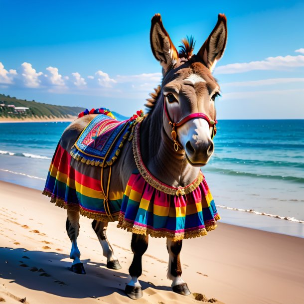 Photo of a donkey in a skirt on the beach