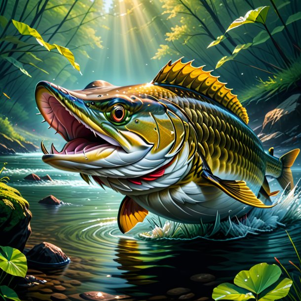 Drawing of a pike in a cap in the river