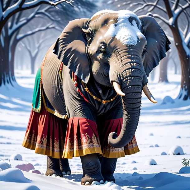 Image of a elephant in a skirt in the snow