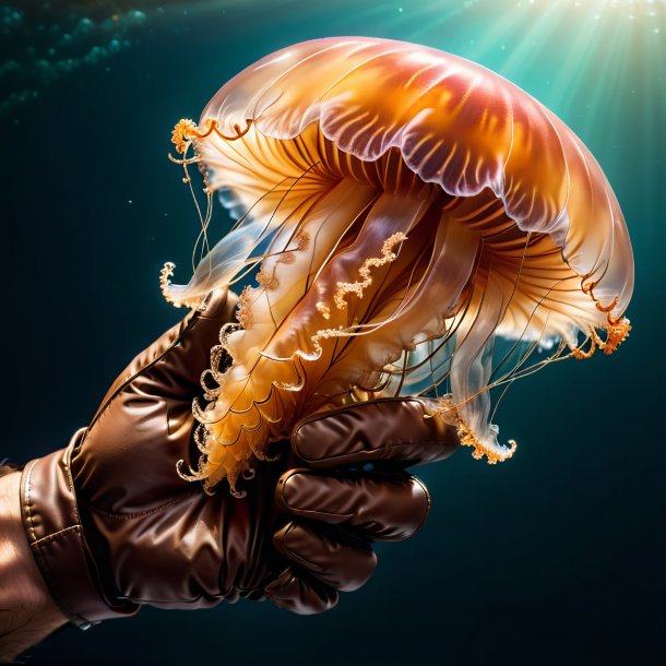 Photo of a jellyfish in a brown gloves