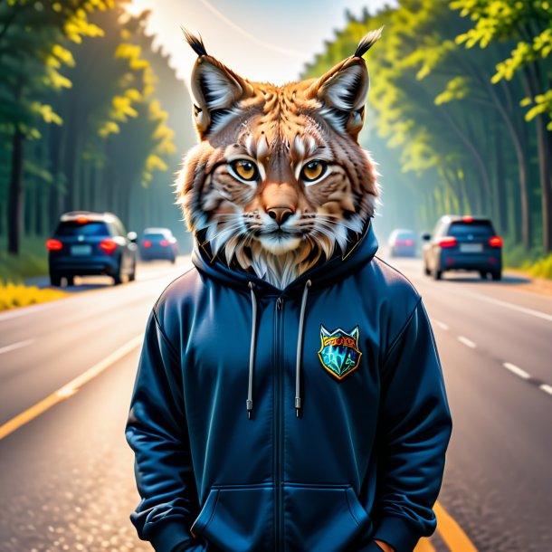 Uma foto de um lince em um hoodie na estrada