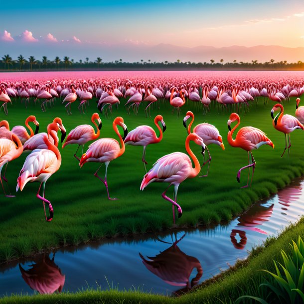 Photo of a swimming of a flamingo on the field