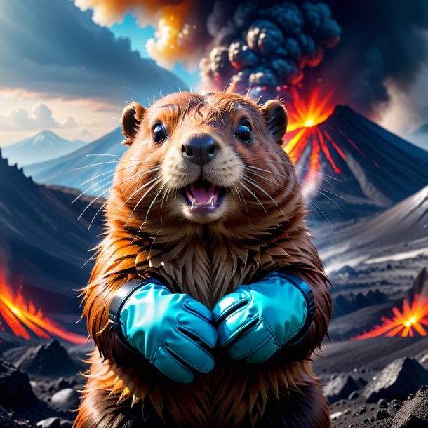 Photo of a beaver in a gloves in the volcano