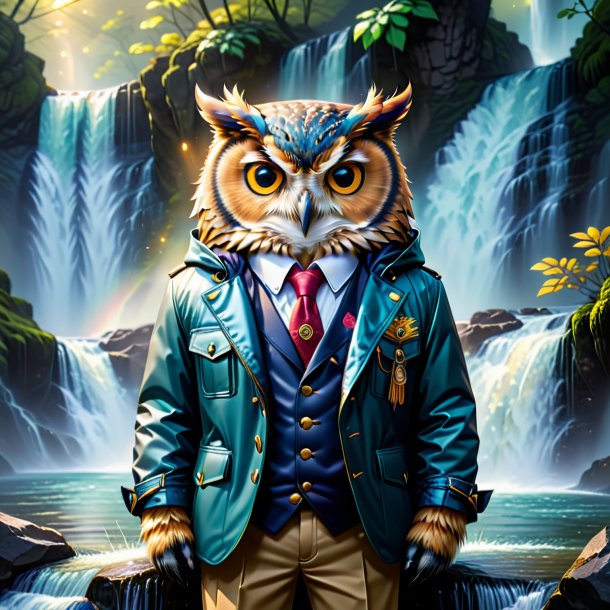 Illustration of a owl in a jacket in the waterfall