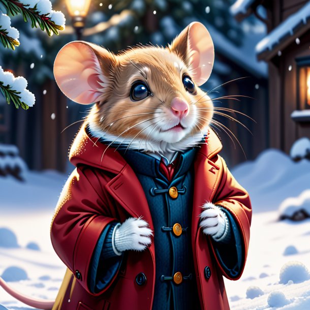 Illustration d'une souris dans un manteau dans la neige