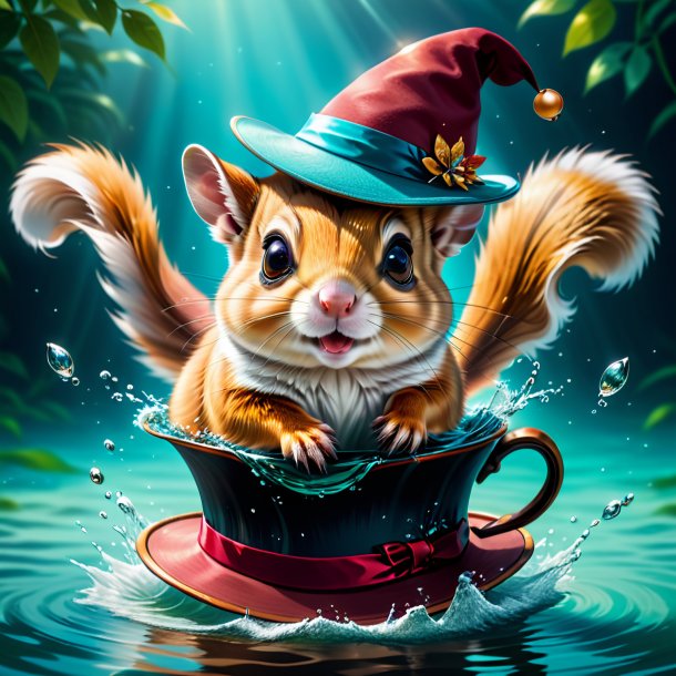 Illustration of a flying squirrel in a hat in the water