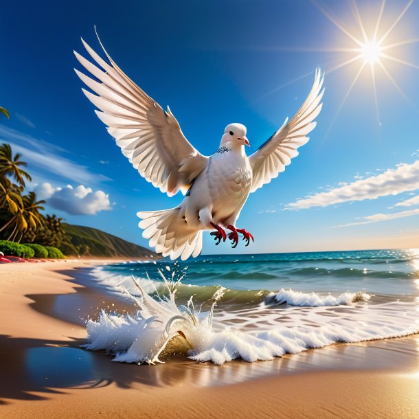 Pic of a jumping of a dove on the beach