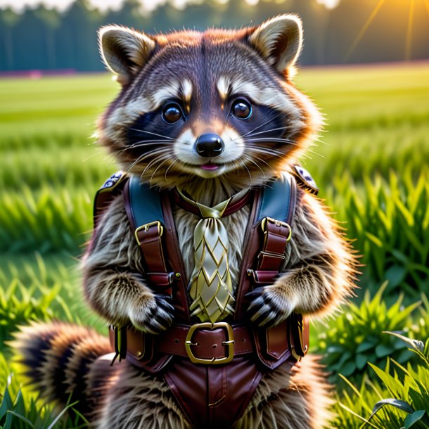 Photo of a raccoon in a belt on the field