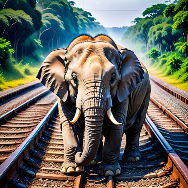 Foto de un descanso de un elefante en las vías del tren