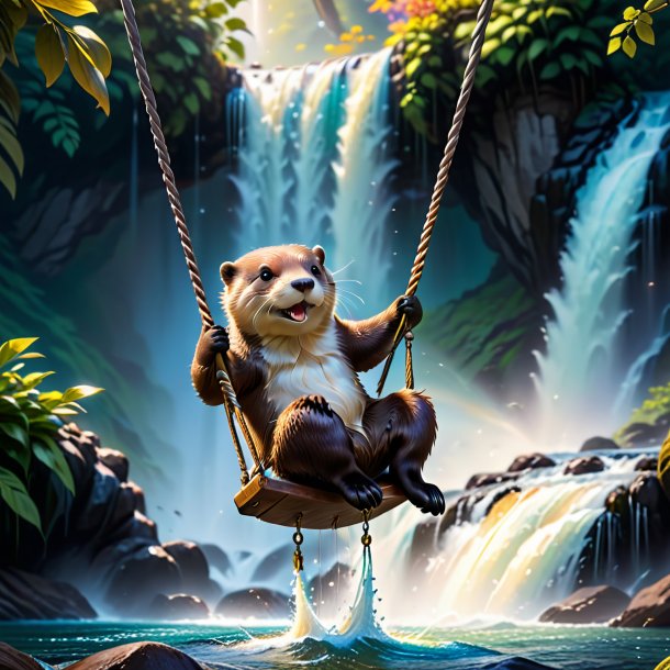 Pic of a swinging on a swing of a otter in the waterfall