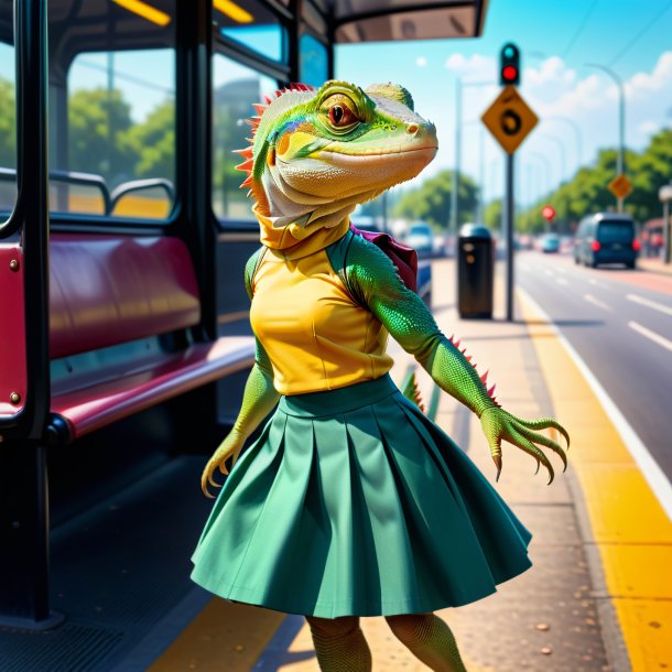 Imagem de um lagarto em uma saia no ponto de ônibus