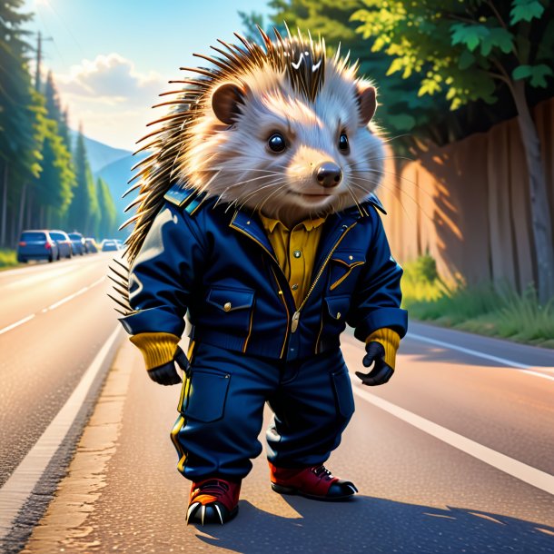 Drawing of a porcupine in a trousers on the road