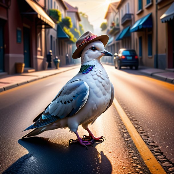 Image d'une colombe dans un chapeau sur la route