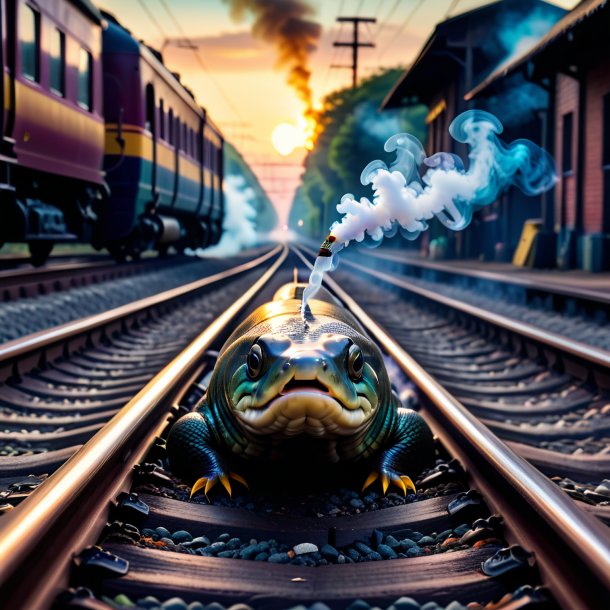 Image of a smoking of a eel on the railway tracks