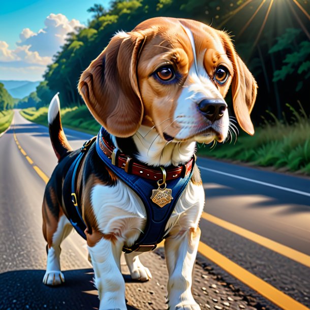 Dessin d'un beagle dans une ceinture sur la route