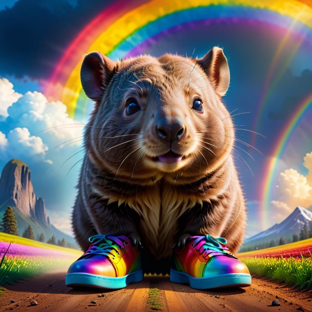 Foto de um wombat em um sapatos no arco-íris