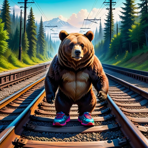 Desenho de um urso em um sapato nos trilhos ferroviários