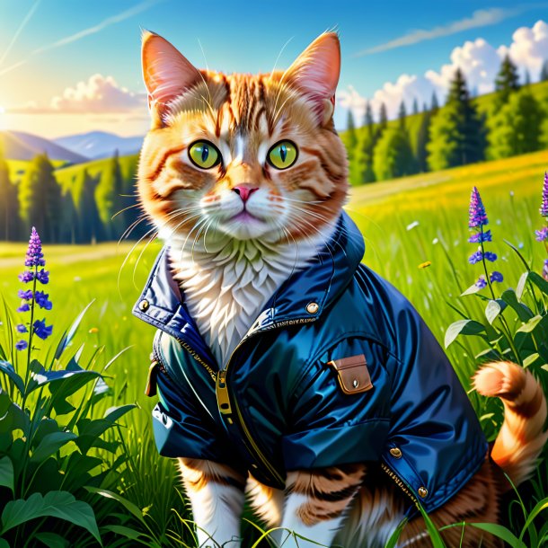 Picture of a cat in a jacket in the meadow