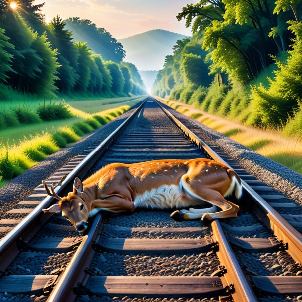 Image of a sleeping of a deer on the railway tracks