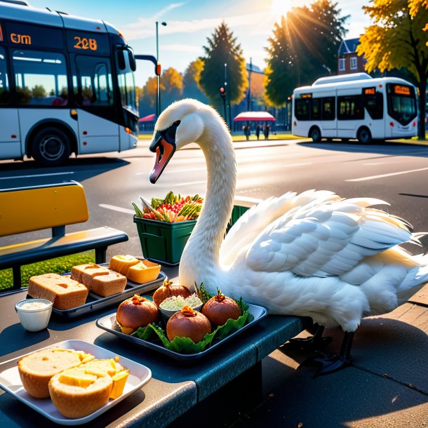 Foto de una comida de un cisne en la parada de autobús