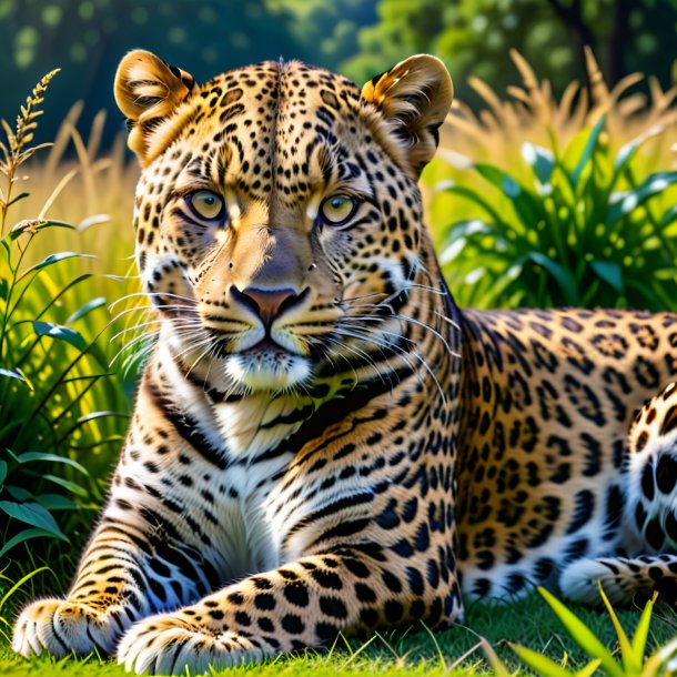 Picture of a resting of a leopard in the meadow