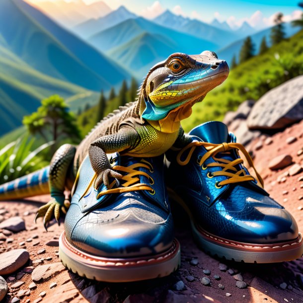 Photo of a monitor lizard in a shoes in the mountains