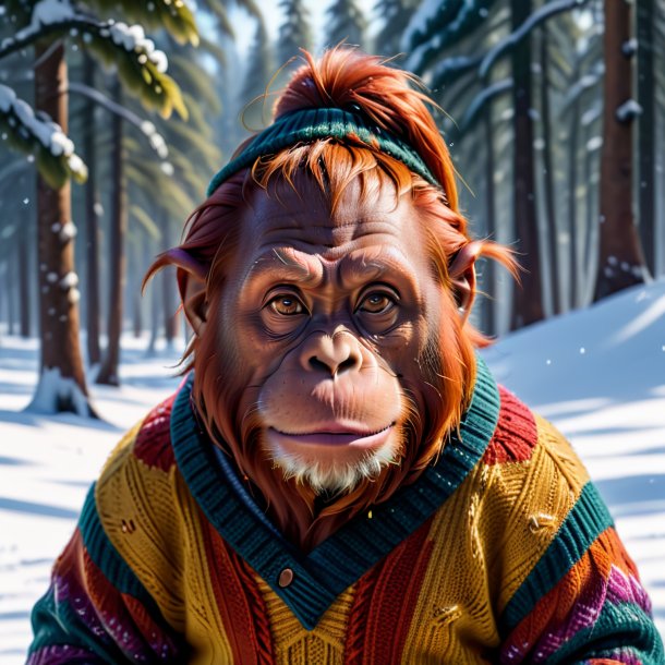 Pic of a orangutan in a sweater in the snow